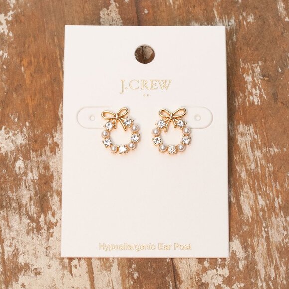NWT J. Crew Winter Wreath Stud in White Crystal Goldtone Post Earrings - Picture 3 of 9